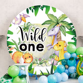Aperturee - Green Trees And Dinosaur Round 1st Birthday Backdrop